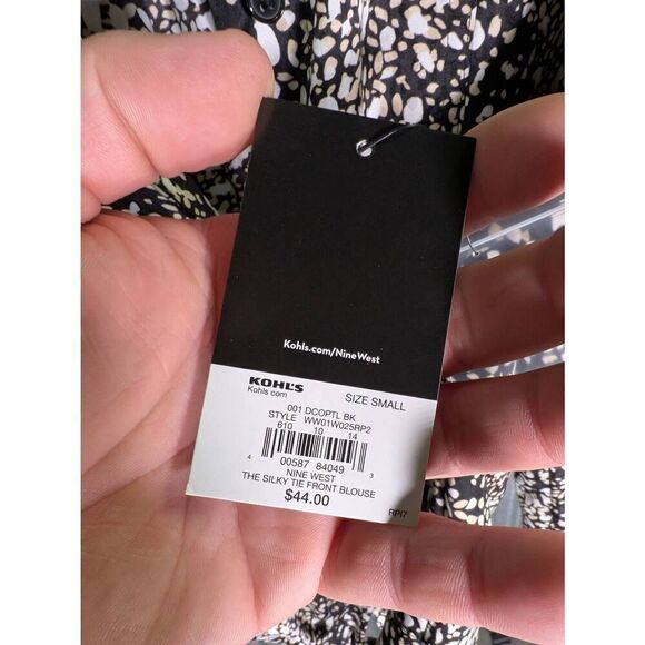NWT Nine West Tie Front Blouse Size Small Black White Tan Long Sleeve - Picture 4 of 6